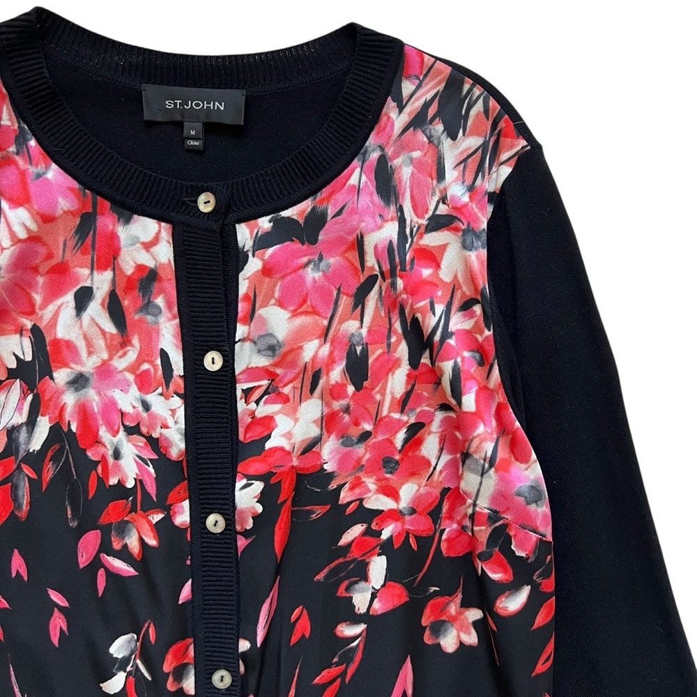 St. John Pink Cascading Floral Silk Black Sweater Cardigan Size M Office Career - Picture 3 of 12